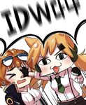  2ta2ta :3 aviator_sunglasses blonde_hair blush brown_hair cat_tail eyewear_on_head fur_trim girls_frontline glasses gloves grizzly_mkv_(girls_frontline) hand_on_another's_face idw_(girls_frontline) jacket multiple_girls necktie sunglasses tail twintails 