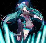  absurdres asymmetrical_legwear bad_id bad_pixiv_id black_footwear black_gloves black_shirt boots bracelet floating_hair full_body gloves green_eyes green_hair hair_between_eyes half_gloves hatsune_miku head_tilt headphones highres hoshima jewelry long_hair looking_at_viewer magical_mirai_(vocaloid) shirt sky smile solo star_(sky) starry_sky thigh_boots thighhighs twintails very_long_hair vocaloid 