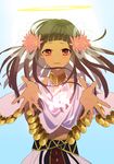  brown_hair dark_skin fate/prototype fate/prototype:_fragments_of_blue_and_silver fate_(series) flower hair_flower hair_ornament highres jewelry long_hair nao_(naoxychan) navel necklace nefertari_(fate/prototype_fragments) orange_eyes solo upper_body 