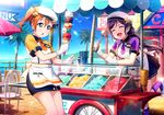  ^_^ apron artist_request bad_id bad_yandere_id beret blue_eyes blue_skirt bow brown_hair closed_eyes day floating_hair food gloves hair_between_eyes hair_bow hat highres ice_cream ice_cream_cone ice_cream_spoon ice_cream_stand kneehighs kousaka_honoka leaning_forward leg_up long_hair love_live! love_live!_school_idol_festival love_live!_school_idol_project miniskirt multiple_girls necktie official_art open_mouth orange_neckwear outdoors pleated_skirt polka_dot polka_dot_bow purple_hair purple_legwear purple_neckwear purple_shirt shirt short_hair short_necktie short_sleeves side_ponytail skirt smile spoon standing star_hat_ornament striped striped_legwear tie_clip too_many too_many_scoops toujou_nozomi vertical-striped_legwear vertical_stripes very_long_hair waist_apron white_apron white_gloves white_hat yellow_bow 