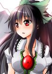  bangs black_hair blush bow breasts cleavage commentary_request dress_shirt green_bow hair_bow highres large_breasts long_hair looking_away oshiaki parted_lips puffy_short_sleeves puffy_sleeves red_eyes reiuji_utsuho shirt short_sleeves sidelocks solo third_eye touhou upper_body 