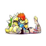  1girl arm_tattoo ass ass_tattoo bare_shoulders barefoot bikini black_bikini blonde_hair blue_gloves bowser breasts chiko_(mario) choker cleavage closed_eyes crown fangs feet gloves horns jon-bliss leg_tattoo lying mario_(series) mini_crown on_stomach red_hair rosetta_(mario) shell simple_background soles spikes stomach_tattoo super_mario_bros. super_mario_galaxy swimsuit tattoo white_background 