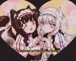  2girls :&lt; :3 :d animal_ear_fluff animal_ears blue_eyes brown_hair cat_ears chocola_(sayori) commentary english english_commentary eyebrows_visible_through_hair hair_ribbon heart heart_hands heart_hands_duo highres komi_shou long_hair looking_at_viewer low_twintails maid maid_headdress multiple_girls nekopara oldschool open_mouth puffy_short_sleeves puffy_sleeves ribbon short_sleeves smile subtitled twintails uniform vanilla_(sayori) white_hair white_ribbon wrist_cuffs yellow_eyes 