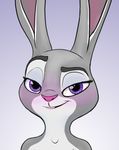  2017 anthro bedroom_eyes blush disney female half-closed_eyes judy_hopps lagomorph mammal mrponeswildride purple_eyes rabbit raised_eyebrow seductive smile solo zootopia 