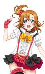  artist_request bangs blue_eyes blush bokura_wa_ima_no_naka_de bow checkered choker earrings fingerless_gloves frills gloves hair_bow jewelry jumping kousaka_honoka looking_at_viewer love_live! love_live!_school_idol_festival love_live!_school_idol_festival_after_school_activity love_live!_school_idol_project navel official_art one_side_up open_mouth orange_hair parted_bangs plaid smile solo suspenders teeth transparent_background 