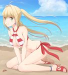  ahoge anklet bangs beach bikini blonde_hair breasts cloud crab criss-cross_halter day earrings fate/grand_order fate_(series) full_body green_eyes ha-ru hair_intakes halterneck jewelry kneeling long_hair looking_at_viewer medium_breasts navel nero_claudius_(fate)_(all) nero_claudius_(swimsuit_caster)_(fate) ocean outdoors sandals side-tie_bikini sky smile solo striped striped_bikini swimsuit twintails v_arms wind 