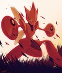  dated full_body gen_2_pokemon grass legs_apart looking_at_viewer no_humans orange_eyes outdoors outstretched_arms pink_background pokemon pokemon_(creature) red_skin rock-bomber scizor signature simple_background solo standing wings 