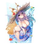  animal_ears arched_back ass bangs bare_arms bare_shoulders bikini blue_bikini bracelet breasts chiericyan cleavage closed_mouth ears_through_headwear fate/grand_order fate_(series) flower fox_ears fox_tail from_above hat hat_flower hibiscus innertube jewelry large_breasts long_hair looking_at_viewer pink_hair red_flower side-tie_bikini smile solo standing straw_hat swimsuit tail tamamo_(fate)_(all) tamamo_no_mae_(fate) tamamo_no_mae_(swimsuit_lancer)_(fate) v_arms wading yellow_eyes 