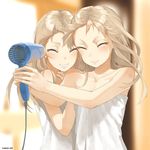  &gt;_&lt; :d artist_name bare_shoulders blonde_hair blush breasts closed_eyes collarbone crossed_arms hair_blowing hair_dryer hands highres holding long_hair multiple_girls naked_towel open_mouth original outstretched_arms siblings sisters small_breasts smile teeth throtem towel twins watermark white_towel xd 