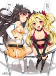  ass black_footwear black_hair blonde_hair blush boots breasts dual_persona earrings elbow_gloves ereshkigal_(fate/grand_order) fate/grand_order fate_(series) gloves hair_ribbon high_heel_boots high_heels ishtar_(fate/grand_order) jewelry knee_boots kojima_saya long_hair looking_at_viewer medium_breasts multiple_girls navel open_mouth red_eyes ribbon sideboob signature sitting translation_request twintails white_footwear white_gloves 