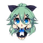  :o bare_legs big_eyes black_ribbon black_skirt blue_eyes blue_neckwear blush carry_me chibi commentary detached_sleeves eyebrows_visible_through_hair green_hair hair_between_eyes hair_ornament hair_ribbon hairclip kantai_collection long_hair looking_at_viewer neckerchief open_mouth outstretched_arms peta_(taleslove596) pleated_skirt ribbon school_uniform seiza serafuku sitting skirt solo wariza yamakaze_(kantai_collection) 