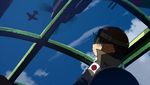  aircraft airplane airplane_interior annin_musou armband bad_id bad_twitter_id blue_sky bomber_jacket cloud comic commentary day fairy_(kantai_collection) flight_goggles green_hair jacket kantai_collection looking_afar propeller scarf sky solo 