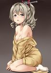  blue_eyes breasts brown_background cleavage drill_hair hatakaze_(kantai_collection) highres japanese_clothes kamelie kantai_collection kimono light_brown_hair long_sleeves open_mouth ponytail short_hair small_breasts socks solo white_legwear wide_sleeves yellow_kimono 
