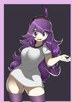  1girl @_@ ahoge al_bhed_eyes arm_behind_back black_background border bottomless breasts collarbone geo-tempest hair_ornament hand_up headband hex_maniac large_breasts legs_apart long_hair looking_at_viewer matching_hair/eyes npc_trainer open_mouth pokemon pokemon_xy purple_border purple_eyes purple_hair purple_legwear shirt short_sleeves simple_background skindentation smile solo standing thighhighs wavy_mouth white_shirt 