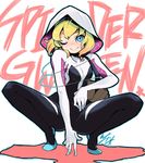  blonde_hair blue_eyes bodysuit breasts closed_mouth full_body gwen_stacy hairband hood io_naomichi marvel short_hair skin_tight small_breasts smile solo spider-gwen spider_web_print superhero 