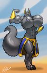  abs anthro anubian_jackal big_breasts bleats breasts canine cheerleader_outfit female flexing huge_breasts hyper hyper_breasts jackal looking_at_viewer mammal muscular muscular_female nipple_bulge smile solo standing 