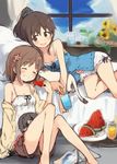  :d ^_^ animal animal_hug bedside blue_scrunchie breasts brown_hair camisole cat cat_on_lap cleavage closed_eyes cup drinking_glass flower food fruit hair_flower hair_ornament hair_scrunchie highres kyuri lying multiple_girls navel on_bed on_side open_mouth original plate ponytail popsicle ribbon-trimmed_shorts ribbon_trim scrunchie shorts sketch small_breasts smile watermelon window 