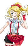  artist_request ayase_eli bangs blonde_hair blue_eyes blush bokura_wa_ima_no_naka_de bow checkered earrings fingerless_gloves frills gloves hair_bow jewelry long_hair looking_at_viewer love_live! love_live!_school_idol_festival love_live!_school_idol_festival_after_school_activity love_live!_school_idol_project navel necktie official_art one_eye_closed open_mouth parted_bangs plaid ponytail puffy_shorts shorts smile solo suspenders teeth transparent_background 