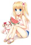  :d akashi_(akashimichi) animal anklet bangs bare_arms bare_shoulders bead_anklet beads blonde_hair blue_eyes blush_stickers bow camisole clothed_animal collarbone cutoffs denim denim_shorts dog drooling eyebrows_visible_through_hair flower food frills fruit full_body hair_ornament hair_scrunchie holding holding_food holding_fruit jewelry knees_up legs long_hair open_mouth original pink_shirt red_bow ribbon sandals scrunchie shirt short_shorts shorts sidelocks simple_background sitting smile tail_wagging toes two_side_up watermelon white_background 