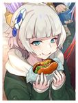  bangs blue_eyes crescent crescent_hair_ornament eating eyebrows_visible_through_hair food food_on_face green_jacket hair_ornament hamburger hands holding holding_food hood hoodie jacket jewelry long_hair looking_at_viewer meteora_osterreich mirokuji_yuuya multiple_girls out_of_frame popcorn re:creators red_hair ring selesia_upitiria short_hair silver_hair smile solo_focus thumb_ring yuu_(higashi_no_penguin) 