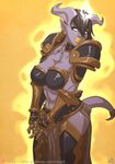  2017 armor atryl black_hair blue_eyes breasts cleavage clothed clothing draenei female hair humanoid lipstick makeup paladin solo unconvincing_armor video_games warcraft 