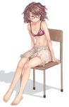  bare_arms bare_legs barefoot bionekojita bloomers bow bow_bra bra breasts brown_eyes brown_hair chair cleavage closed_mouth full_body glasses highres pink_bra red-framed_eyewear semi-rimless_eyewear short_hair sitting skinny small_breasts solo touhou under-rim_eyewear underwear underwear_only usami_sumireko 