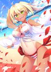  ahoge beach bikini blonde_hair blurry blurry_background blush breasts cleavage commentary_request day dutch_angle earrings fate/grand_order fate_(series) green_eyes hair_intakes halterneck highres jewelry large_breasts long_hair looking_at_viewer navel nero_claudius_(fate)_(all) nero_claudius_(swimsuit_caster)_(fate) ocean one-piece_tan outdoors oyaji-sou petals sand shiny shiny_hair smile solo striped striped_bikini swimsuit tan tanline teeth twintails water 