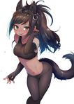  animal_ears arare_mochiko arm_up black_gloves black_hair black_sports_bra blush breasts bridle brown_eyes brown_hair brown_thoroughbred_(kemono_friends) dark_skin elbow_gloves extra_ears fingerless_gloves gloves hair_tucking horse_ears horse_girl horse_tail japan_racing_association kemono_friends long_hair looking_at_viewer medium_breasts midriff navel o-ring simple_background smile solo sports_bra sweat tail white_background 