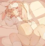  5_fingers anthro bedding blanket bottomless child clothed clothing drooling female hi_res legwear lying male navel on_back pillow pussy saliva sleeping socks solo spread_legs spreading sweater sweetbream young 