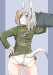  animal_ears ass aurora_e_juutilainen blue_eyes butt_crack clothes_writing commentary_request cowboy_shot eyebrows_visible_through_hair from_behind grey_hair grin hand_on_hip highres long_hair looking_at_viewer looking_back no_pants panties smile solo strike_witches tail underwear wan'yan_aguda white_panties world_witches_series 