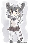  animal_ears artist_name blush_stickers bow bowtie commentary extra_ears fennecoon_(kemono_friends)_(panzuban) fox_ears full_body fur_collar grey_eyes greyscale hand_on_hip if_they_mated kemono_friends looking_at_viewer monochrome multicolored_hair muted_color pantyhose panzuban puffy_short_sleeves puffy_sleeves raccoon_tail short_hair short_sleeves skirt smile solo tail twitter_username 