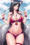  adapted_costume ahri animal_ears ass_visible_through_thighs beach bikini black_hair blush breasts cleavage collarbone commentary cowboy_shot day food fox_ears fox_tail gonster halter_top halterneck large_breasts league_of_legends long_hair looking_at_viewer outdoors popsicle red_bikini slit_pupils solo swimsuit tail thigh_gap tongue tongue_out whisker_markings yellow_eyes 