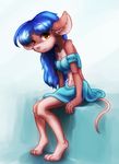  anthro blue_hair bonnie_(elysian_tail) breasts dust:_an_elysian_tail female hair kuropapu looking_at_viewer mammal midriff mouse navel rodent sitting solo 