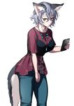  animal_ears asagaya_rin breasts cat_ears cat_tail cellphone denim heterochromia jeans jewelry large_breasts looking_at_viewer necklace original pants phone purple_eyes short_hair silver_hair simple_background smartphone solo tail white_background yana_(nekoarashi) 