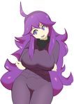  1girl @_@ ahoge al_bhed_eyes breasts crossed_arms dress geo-tempest hair_ornament headband hex_maniac highres large_breasts long_hair long_sleeves looking_to_the_side matching_hair/eyes npc_trainer open_mouth pokemon pokemon_xy purple_dress purple_eyes purple_hair simple_background smile solo standing teeth turtleneck white_background 