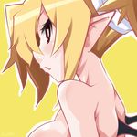  blonde_hair blush breasts disgaea from_side iwasi-r looking_at_viewer makai_senki_disgaea_2 medium_breasts nude parted_lips pointy_ears profile red_eyes rozalin short_hair sideboob solo upper_body wings yellow_background 