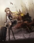  1girl beret bird black_legwear blonde_hair building carriage dress dutch_angle fog glowing glowing_eyes green_eyes hat long_hair mansion muted_color original pocket_watch raven_(animal) reins suitcase sweater thighhighs ume_(illegal_bible) walking watch wind 