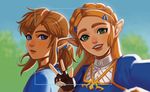  1girl bangs blonde_hair blue_eyes earrings face fingerless_gloves gloves green_eyes hair_ornament hairclip jewelry link long_hair looking_at_viewer mella parted_bangs pointy_ears ponytail princess_zelda reaching_out self_shot smile taking_picture the_legend_of_zelda the_legend_of_zelda:_breath_of_the_wild thick_eyebrows v 