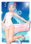  artist_name bare_legs bare_shoulders blue_eyes blue_hair commentary_request day flower hair_between_eyes hair_flower hair_ornament kantai_collection light_rays long_hair one-piece_swimsuit outdoors samidare_(kantai_collection) sandals school_swimsuit smile solo sun sunbeam sunlight swimsuit tan towel white_school_swimsuit white_swimsuit yokoshima_(euphoria) 