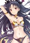  arm_up armpits bangs black_bow black_hair black_panties blurry blush bow breasts cleavage closed_mouth collarbone commentary_request cowboy_shot depth_of_field detached_collar earrings eyebrows_visible_through_hair fate/grand_order fate_(series) hair_bow hoop_earrings ishtar_(fate/grand_order) jewelry long_hair looking_at_viewer medium_breasts navel panties parted_bangs petals red_eyes smile solo tsurime two_side_up underwear yoshida_iyo 