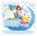  bag bangs bare_legs beamed_eighth_notes beanie between_breasts black_hair blue_eyes blush breasts eighth_note fishing fishing_rod floral_print gen_1_pokemon green_shorts hat highres holding holding_fishing_rod lapras mizuki_(pokemon) musical_note neru_(neruneruru) pikachu pokemon pokemon_(creature) pokemon_(game) pokemon_sm quarter_note red_hat shirt shoes short_hair short_shorts short_sleeves shorts sneakers strap_cleavage surfboard surfing swept_bangs t-shirt tied_shirt waves 