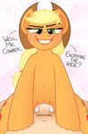  2017 absurd_res applejack_(mlp) balls blonde_hair blush cowgirl_position cum cutie_mark dialogue digital_media_(artwork) duo earth_pony english_text equine erection female feral freckles friendship_is_magic fur green_eyes hair hat hi_res horse human humanoid_penis interspecies looking_at_viewer looking_pleasured male male/female mammal my_little_pony nude on_top open_mouth penetration penis pony pussy sex simple_background smile spread_legs spreading sweat teeth text vaginal vector zutheskunk 