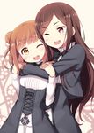  ;d bangs beatrice_(princess_principal) blush bow bowtie brown_hair chihaya_72 commentary dorothy_(princess_principal) eyebrows_visible_through_hair frills hair_bun happy highres hug hug_from_behind long_hair long_sleeves looking_at_another multiple_girls one_eye_closed open_mouth princess_principal red_eyes school_uniform shiny shiny_hair smile v-shaped_eyebrows yellow_eyes yuri 