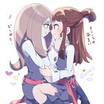  brown_hair hair_over_one_eye kagari_atsuko komoreg little_witch_academia long_hair luna_nova_school_uniform multiple_girls open_mouth pale_skin pink_hair purple_hair red_eyes short_hair simple_background smile sucy_manbavaran translated yuri 