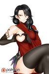  alfred_cullado black_hair breasts cinder_fall crossed_legs elbow_gloves gloves heart-shaped_boob_challenge highres medium_breasts nipples one_breast_out patreon_logo rwby skindentation solo thighhighs thighs watermark web_address white_background yellow_eyes 