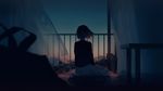  backlighting balcony blurry cityscape cloud commentary_request curtains dark depth_of_field dusk fence fine_fabric_emphasis from_behind highres looking_afar original rella short_hair silhouette sitting sky solo star_(sky) table wallpaper wind window 