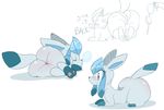  2017 anthro backsash big_butt blue_eyes blush butt canine clothing dialogue digital_media_(artwork) eeveelution english_text eyes_closed female feral fur glaceon hi_res hindpaw lying mammal nintendo pawpads paws pok&eacute;mon simple_background sitting sketch sleeping smile teeth text video_games wide_hips 
