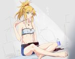  bad_id bad_pixiv_id bare_shoulders barefoot belt blonde_hair bottle breasts covered_nipples fate/apocrypha fate_(series) food fork green_eyes looking_at_viewer midriff mordred_(fate) mordred_(fate)_(all) sausage shino_(comic_penguin_club) shorts sitting small_breasts solo 
