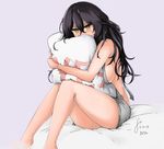  artist_name black_hair blush breasts commentary dated eyebrows_visible_through_hair grey_sweater hair_between_eyes head_tilt helel_(orakuru) large_breasts long_hair looking_at_viewer meme_attire nose_blush number orakuru original pillow pillow_hug signature sitting solo sweater virgin_killer_sweater yellow_eyes yes yes-no_pillow 