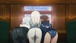  3girls ass black_legwear brave_witches brown_hair eila_ilmatar_juutilainen karibuchi_hikari multiple_girls pantyhose sanya_v_litvyak strike_witches swimsuit swimwear white_hair white_legwear window world_witches_series 